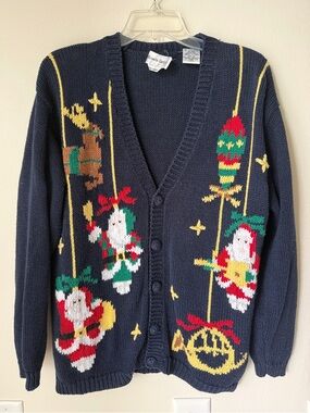 Vintage Alexandra Bartlett Navy Holiday Cardigan Button Front V Neck Oversized M